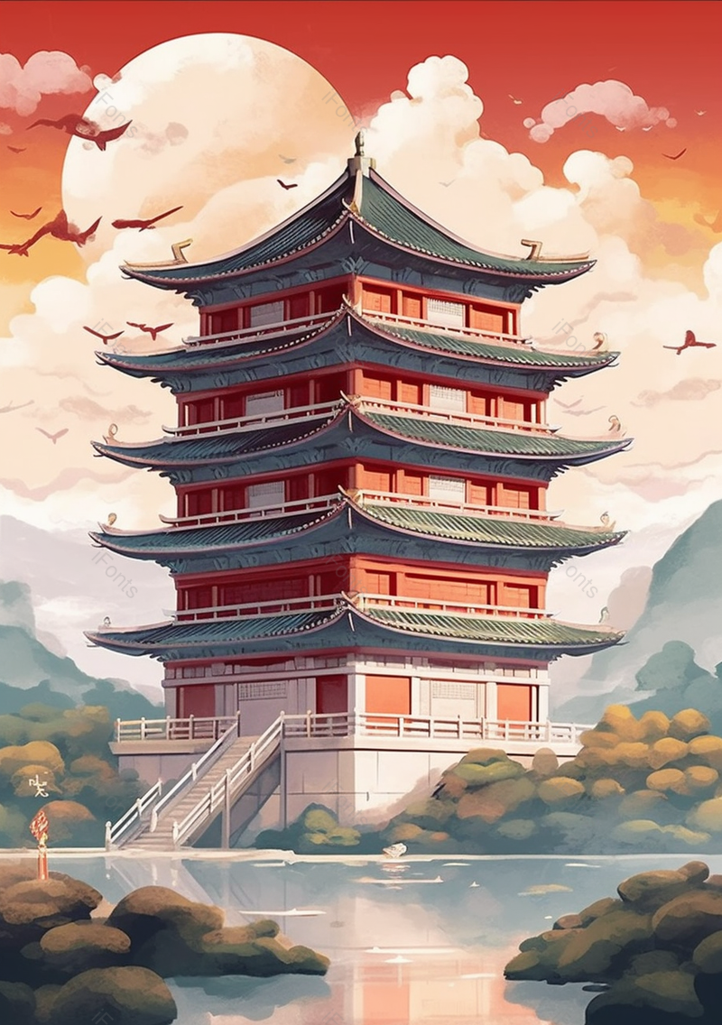 清新国潮风古典建筑楼阁和池塘背景,插画/手绘图,插画/手绘图库,插画/手绘图下载,插画/手绘